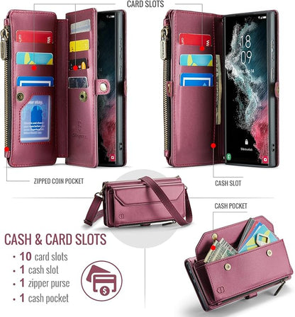 Strapurs Crossbody Wallet Case Compatible with Samsung Galaxy S22 Ultra 5G RFID Blocking 10-Card Holder Soft PU Leather Magnetic Snap Strap Zipper Pocket Phone Case Fit for Galaxy S22 Ultra - Wine Red