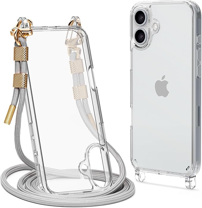 for iPhone 16 Plus Case with Strap, Clear Shockproof Crossbody Phone Cover w/Removable Anti-Theft Adjustable Lanyard for Women, Travel, Shopping, Hiking (6.7", Grey)