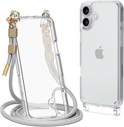 for iPhone 16 Plus Case with Strap, Clear Shockproof Crossbody Phone Cover w/Removable Anti-Theft Adjustable Lanyard for Women, Travel, Shopping, Hiking (6.7", Grey)