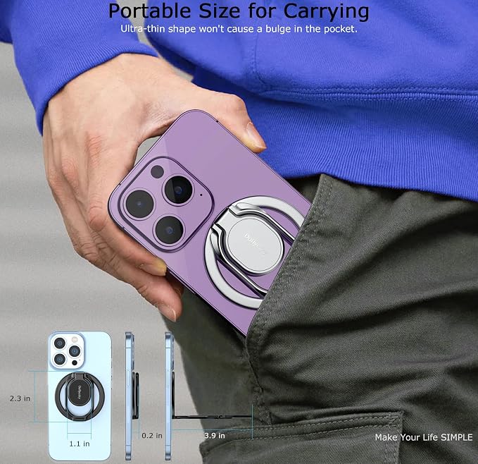 Magnetic Phone Grip Holder Kickstand, Gym Double Adjustable Finger Ring Grip and Stand, Compatible with PopSockets MagSafe Ring Removable for iPhone (Silver)