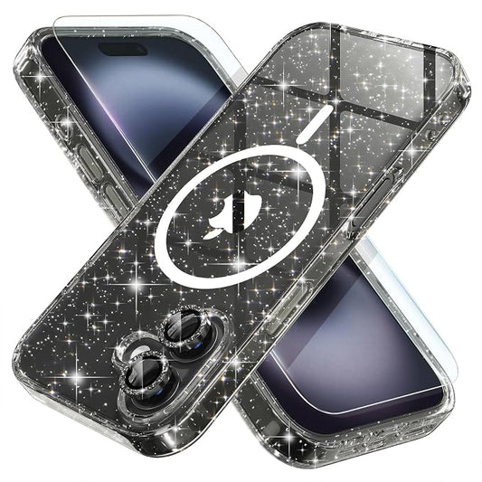 Choiche for iPhone 16 Plus Case Magnetic, Women Clear Glitter Bling Sparkly Case, [2xDiamond Camera Lens Protectors] [2xTempered Glass Screen Protectors] [Compatible MagSafe] 6.7" (Glitter Black)