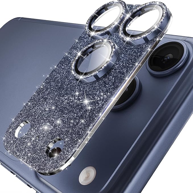 YWXTW for iPhone 17 Pro Camera Lens Protector, [Upgraded Glitter Design] Full Bling Sparkly Diamond Tempered Glass Screen Protector Metal Camera Cover Accessories (Glitter Blue, iPhone 17 Pro)