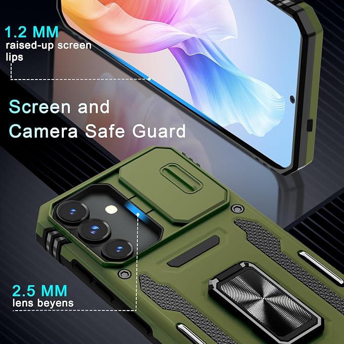 DEERLAMN Case for Samsung Galaxy S25 FE 6.7-Inch with Slide Camera Cover+Screen Protector(1 Pack), Rotated Ring Kickstand Military Grade Shockproof Protective Cover-Olive Green