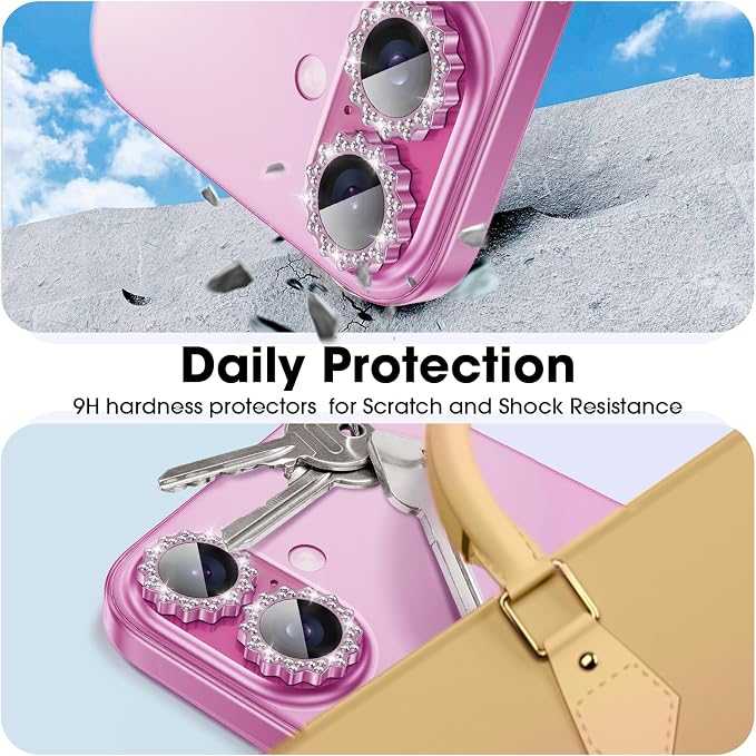 Xfilm for iPhone 16/16 Plus Camera Lens Protector Bling Individual Sun Design Diamond Ring 9H Hardness Scratchproof Protector, Stylish Phone Accessories, Case Friendly (Pink)