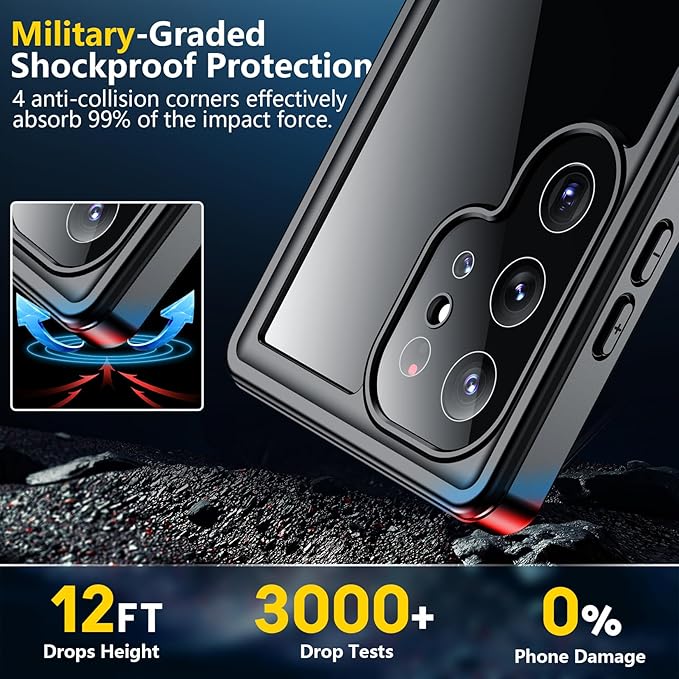 SPIDERCASE Upgraded for Samsung Galaxy S24 Ultra Case Waterproof,Built-in Screen & Camera Lens Protector[IP68 Underwater] [Military Grade Shockproof] Full Body Protection Phone Case,Black/Clear