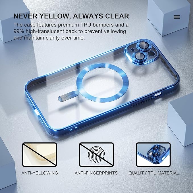 Misea Magnetic for iPhone 14 Plus Case Compatible with MagSafe [Never Yellowing] [Military Grade Drop Protection] Full Camera Lens Protector Plating Soft Clear Phone Case for Women Girls, Blue