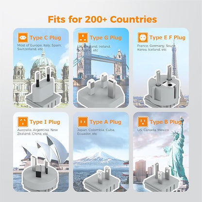 TESSAN 6-in-1 European UK Travel Plug Adapter Kit | 3 USB (1 USB C), 3 AC Outlets, Supports Type C, G, E/F, I, A, B, US to Europe UK Italy Australia Japan