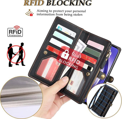 Compatible with iPhone 17 Pro 6.3" Wallet Case with RFID Blocking Card Holder for Women, PU Leather Flip Zipper Wallet Detachable Magnetic Phone Case Crossbody Strap, Black