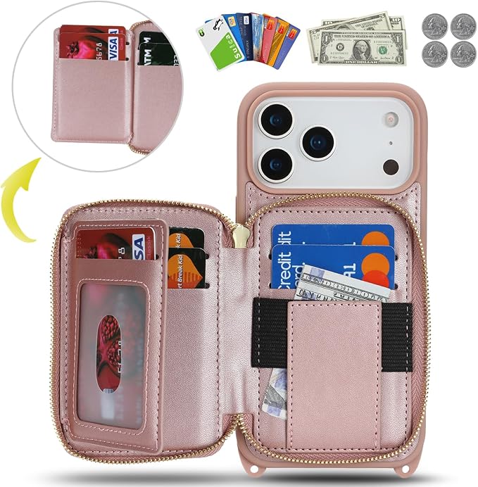 Crossbody Wallet Case for iPhone 17 Pro Max, PU Leather Zipper Handbag Purse Flip Cover, Kickstand Folio Case with Card Slots Holder Wrist Strap Lanyard 5G 6.9 Inch-Rose Gold