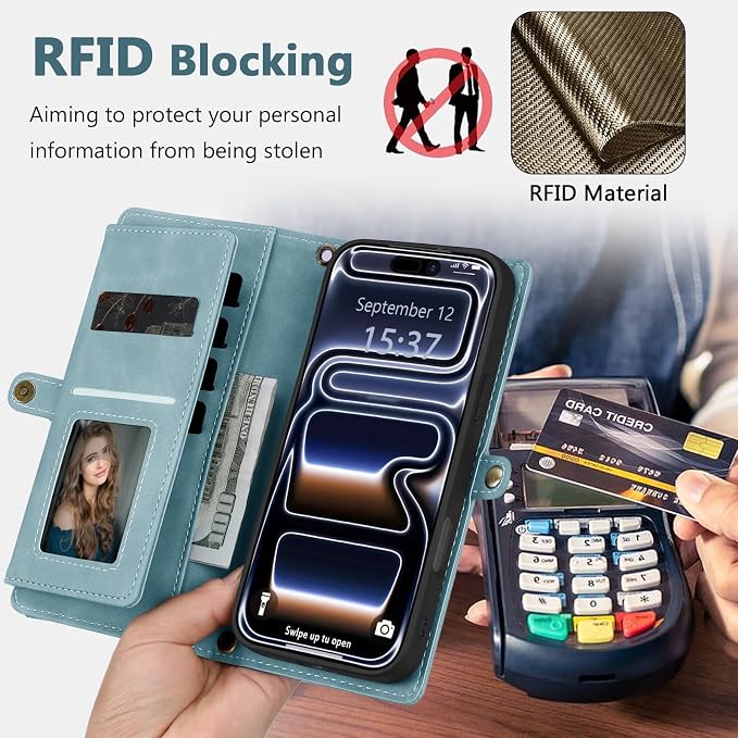 Wallet Case for iPhone 17 Pro with Card Holder/Crossbody Wallet/Strap,[RFID Blocking][Magnetic] PU Leather Phone Case for iPhone 17 Pro,6.3 in,Dream Blue
