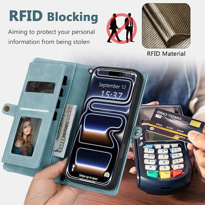 Wallet Case for iPhone 17 Pro with Card Holder/Crossbody Wallet/Strap,[RFID Blocking][Magnetic] PU Leather Phone Case for iPhone 17 Pro,6.3 in,Dream Blue