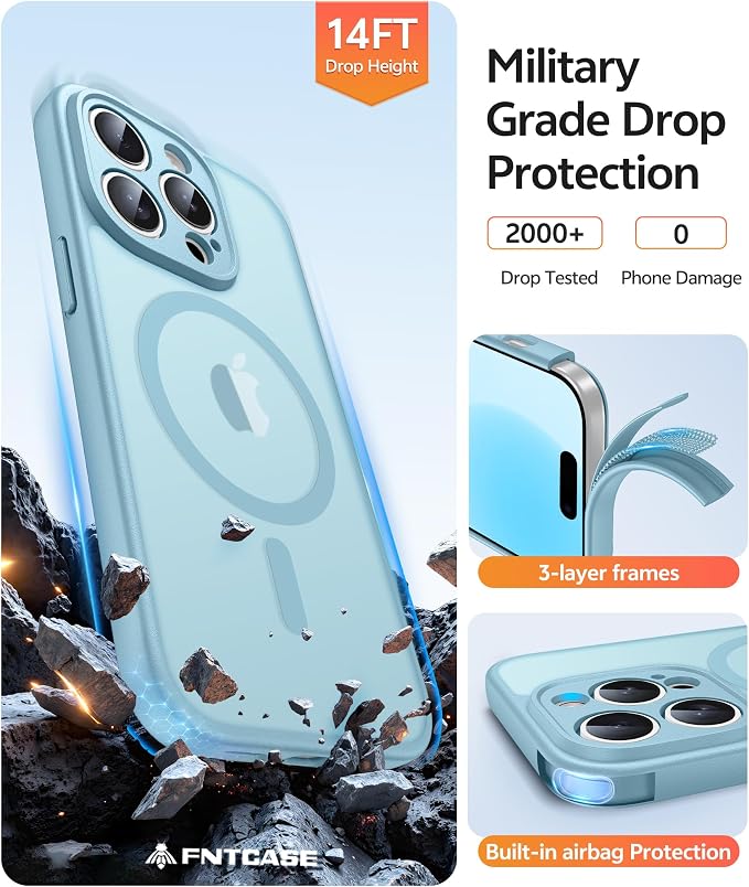 FNTCASE for iPhone 14 Pro Max Case: [Compatible with Magsafe] Translucent Matte Cases with [Full Camera Protection] [Screen Protector] Military Grade Shockproof Protective Phone Cover - Teal