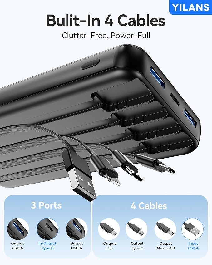 Portable Charger,50000mAh Power Bank Built-in Cable, 22.5W PD USB C In & Out Fast Charging, External Battery Pack with 6 Output & 2 Input, Travel Phone Charger for iPhone 17/16/15/14/13/12(Black)