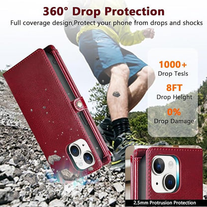 Wallet Case for iPhone 14 with Card Holder/Crossbody Wallet/Strap| RFID Blocking | Magnetic | Kickstand | Detachable | PU Leather Phone Case for iPhone 14,6.1 in,Wine Red
