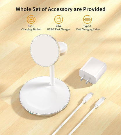 XooFly 3 in 1 Wireless Charging Station for Apple Devices, Fast Wireless Mag-Safe Charger Stand with 20W Adapter for iPhone 17/16 15 14 13 12 Pro Max/Pro/Plus/Air/Mini, iWatch, AirPods (Gold)