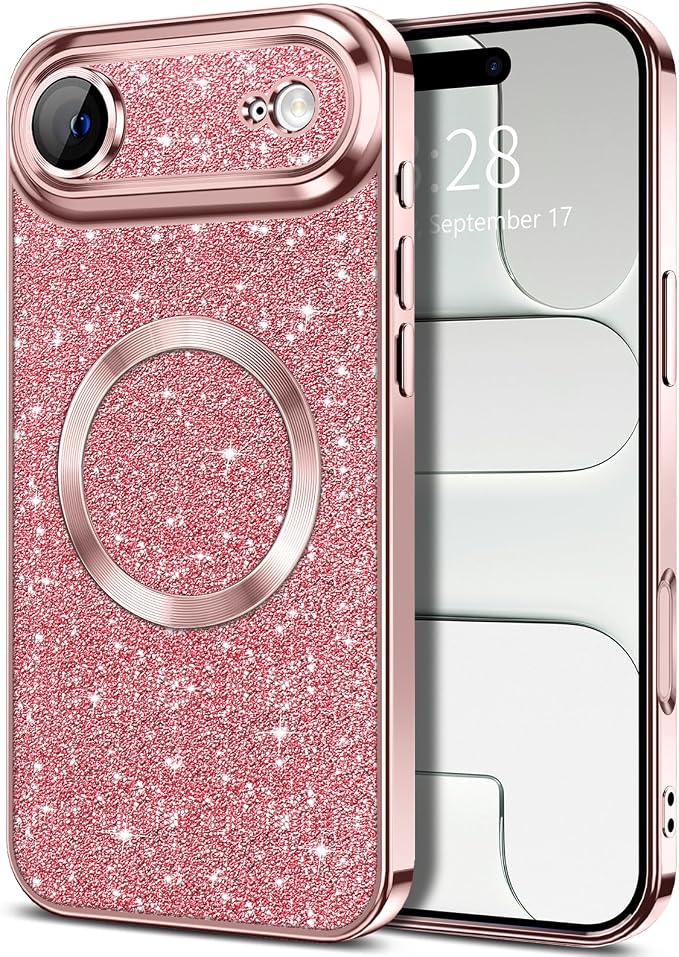 Hython for iPhone Air Case Glitter Clear Magnetic Phone Cases [Compatible with MagSafe] Full Camera Lens Protector Sparkle Luxury Plating Slim Shockproof Protective Cover Women, Pink