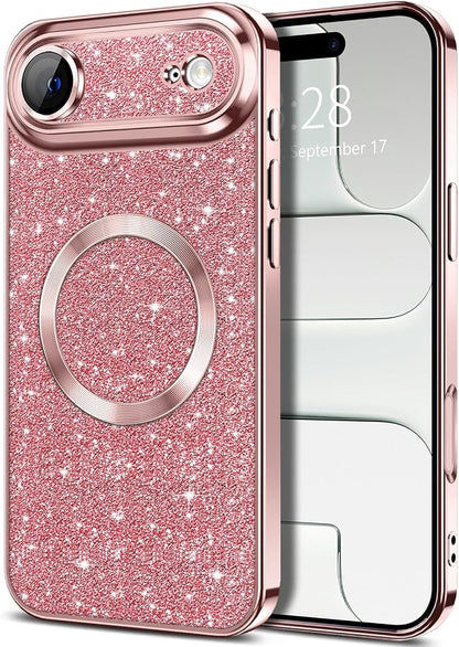 Hython for iPhone Air Case Glitter Clear Magnetic Phone Cases [Compatible with MagSafe] Full Camera Lens Protector Sparkle Luxury Plating Slim Shockproof Protective Cover Women, Pink