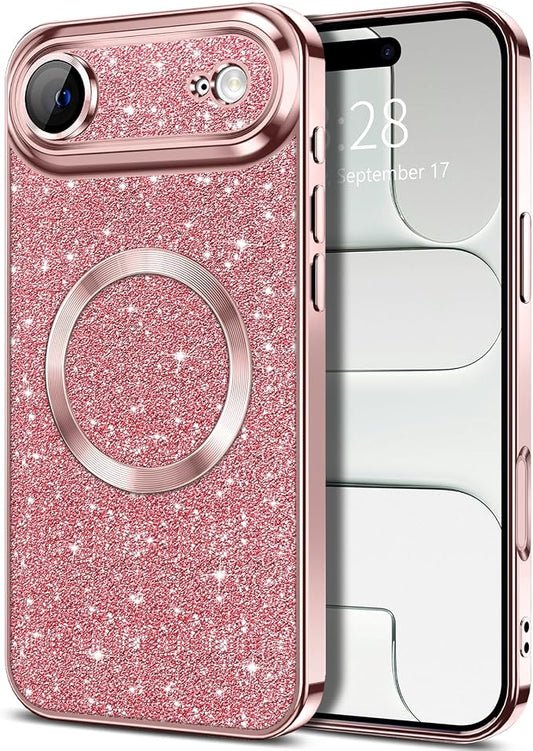 Hython for iPhone Air Case Glitter Clear Magnetic Phone Cases [Compatible with MagSafe] Full Camera Lens Protector Sparkle Luxury Plating Slim Shockproof Protective Cover Women, Pink