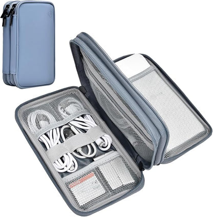 Portable Charger Organizer Travel Case Shockproof Power Bank Bag for Anker/Jackery/RAV/20000mAh Power Bank Leather Waterproof Electronic Case for PowerCore (Gray&Blue, Double Layer)