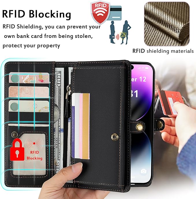 for Wallet Case Compatible with iPhone 14 Pro Max,Multi-Function Detachable 2 in 1 Magnetic iPhone 14 Pro Max Case Wallet,Flip Strap Zipper Card Holder Phone Case with Shoulder Straps (Black)