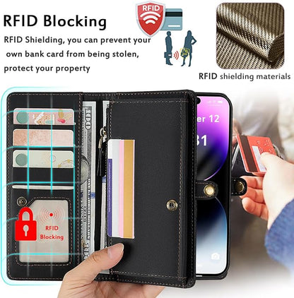 for Wallet Case Compatible with iPhone 14 Pro Max,Multi-Function Detachable 2 in 1 Magnetic iPhone 14 Pro Max Case Wallet,Flip Strap Zipper Card Holder Phone Case with Shoulder Straps (Black)