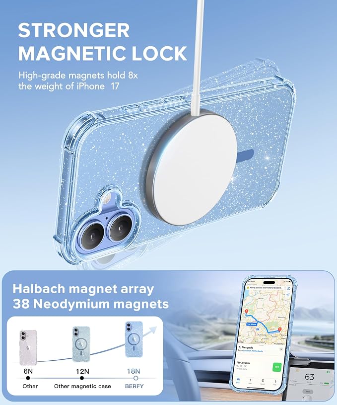 BERFY for iPhone 17 Case for Women, Clear Glitter Shockproof Protective Case, Anti-Yellowing, with Screen Protector & Camera Lens Protector 6.3", Magnetic Sparkle Blue