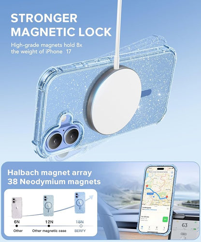 BERFY for iPhone 17 Case for Women, Clear Glitter Shockproof Protective Case, Anti-Yellowing, with Screen Protector & Camera Lens Protector 6.3", Magnetic Sparkle Blue