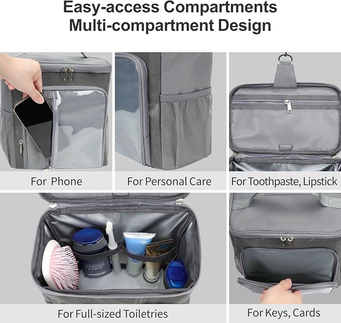 F-color Shower Caddy Portable for College Dorm Essentials - Large Hanging Sturdy Handle Toiletry Tote Bag with Hook, Multiple Pockets, Quick Dry Organizer for Camping, Travel, Gym, Grey