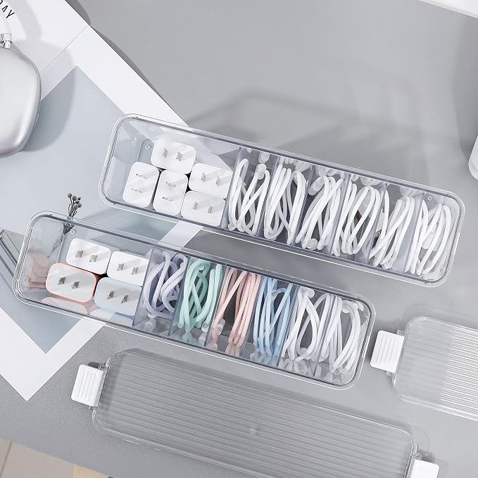 2 Pack Cord Organizer Box for Desk Drawer, Clear Phone Charger Cable Storage Container with Lid