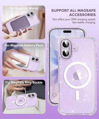BERFY for iPhone 17 Case for Women, Clear Glitter Shockproof Protective Case, Anti-Yellowing, with Screen Protector & Camera Lens Protector 6.3", Magnetic Diamond Sparkle