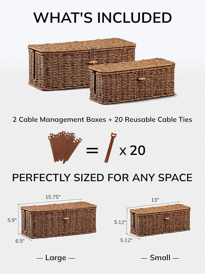 BROWNLILY Rattan Wire Storage Box, Handmade Cord Organizer for Desk Cord Hider Outlet Covers for Power Strip TV PC Router Charger Under Desk Cable Management Box