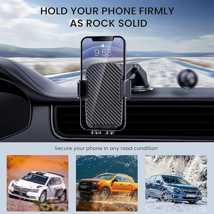 Qifutan Military-Grade Car Phone Holder - [Ultra Strong Suction] 3-in-1 Phone Mount for Dashboard, Windshield & Air Vent, Super Stable Universal Car Accessories for iPhone & All Smartphones