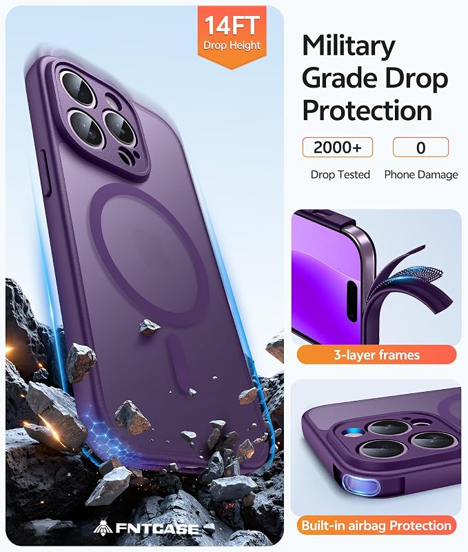 FNTCASE for iPhone 14 Pro Max Case: [Compatible with Magsafe] Translucent Matte Cases with [Full Camera Protection] [Screen Protector] Military Grade Shockproof Protective Phone Cover - Purple