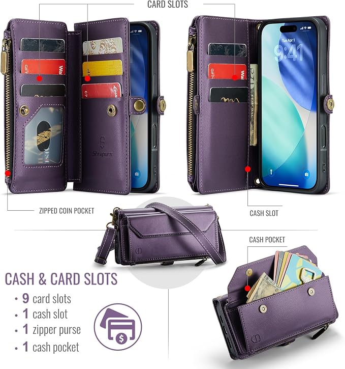 Strapurs Wallet Case Compatible with iPhone 17 6.3" RFID Blocking 9-Card Holder Soft PU Leather Magnetic Snap Shoulder Strap Zipper Pocket Phone Case Fit for iPhone 17 for Women - Purple