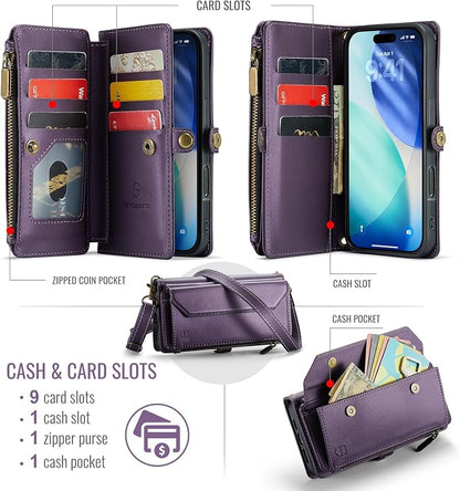 Strapurs Wallet Case Compatible with iPhone 17 6.3" RFID Blocking 9-Card Holder Soft PU Leather Magnetic Snap Shoulder Strap Zipper Pocket Phone Case Fit for iPhone 17 for Women - Purple