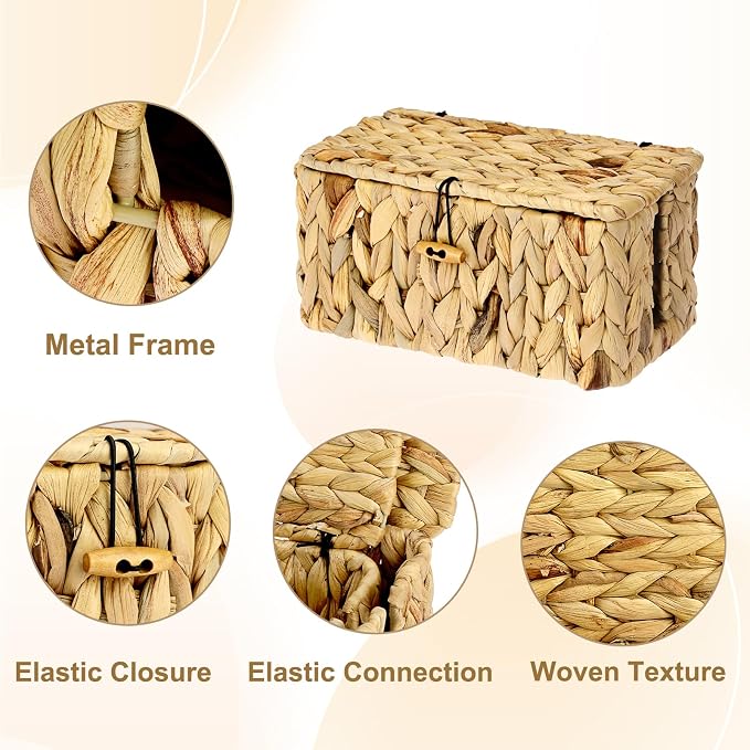 BTSKY Woven Cable Management Box with Lid, Water Hyacinth Cord Organizer for Desk, Cable Organizer Box with 2-Open Slots to Hide Power Strips USB Hubs for Home & Office, Pet Proofing Cord Basket, S