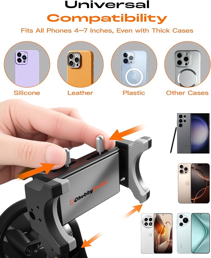 chubbycable ChubbyGrip Car Phone Holder 360° Adjustable Cell Phone Car Mount Ultra-Durable Metal Car Phone Mount for Windshield, Suction Cup Phone Mount for iPhone Samsung All Smartphone, Clamp