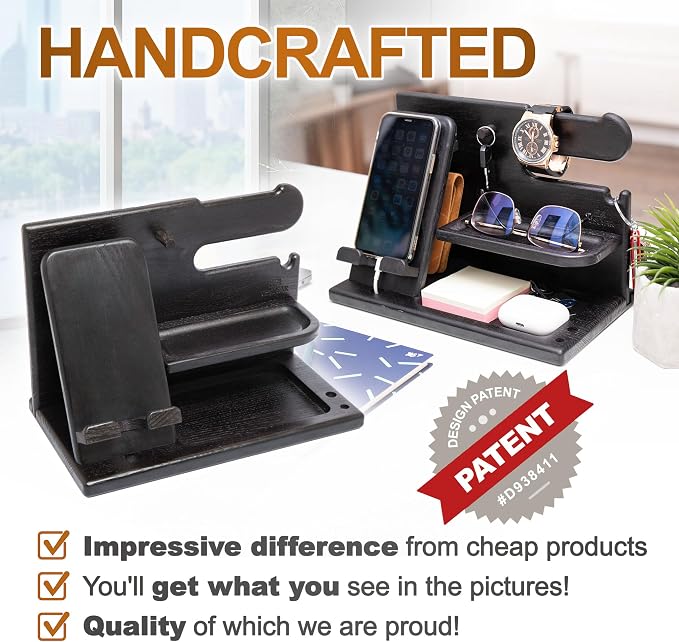 TESLYAR Wood Phone Docking Station for Men - Desk or Nightstand Organizer - Birthday Gifts for Husband, Dad - Anniversary Idea from Wife - Key Holder, Stand Wallet, Watch & Essentials (Granite Black)
