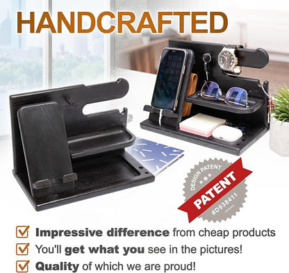 TESLYAR Wood Phone Docking Station for Men - Desk or Nightstand Organizer - Birthday Gifts for Husband, Dad - Anniversary Idea from Wife - Key Holder, Stand Wallet, Watch & Essentials (Granite Black)