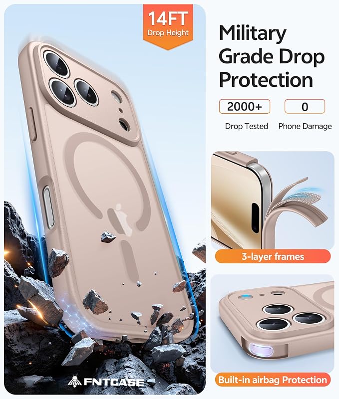 FNTCASE for iPhone 17 Pro Max Case: [Compatible with Magsafe] Translucent Matte Cases with [Full Camera Protection] [Screen Protector] Military Grade Shockproof Protective Phone Cover - Desert Gold