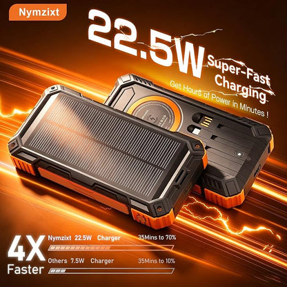 Solar Power Bank 49800mAh Portable Wireless Charger with USB-C 22.5W Fast Charging Built in 4 Cables Compatible with iPhone, iPad, Bright LED Flashlight Perfect for Camping