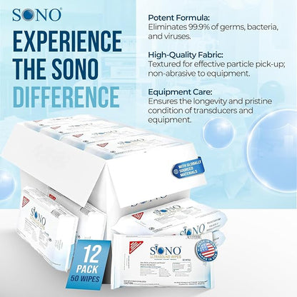 SONO Multipurpose Ultrasound Disinfecting Wipes - Clinical Standard, Daily-Use and Maintenance Wipes, Compatibility Tested on Delicate Ultrasound Equipment - 12 Packs x 50ct (600 wipes)