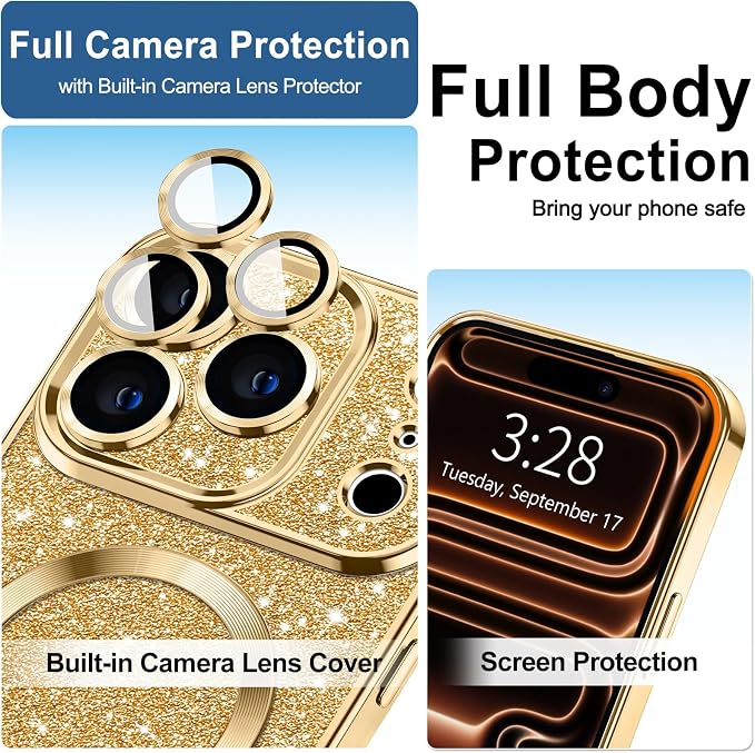 Hython for iPhone 17 Pro Case Glitter Clear Magnetic Phone Cases [Compatible with MagSafe] Full Camera Lens Protector Sparkle Luxury Plating Slim Shockproof Protective Cover Women, Gold