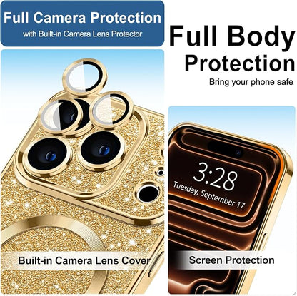 Hython for iPhone 17 Pro Case Glitter Clear Magnetic Phone Cases [Compatible with MagSafe] Full Camera Lens Protector Sparkle Luxury Plating Slim Shockproof Protective Cover Women, Gold
