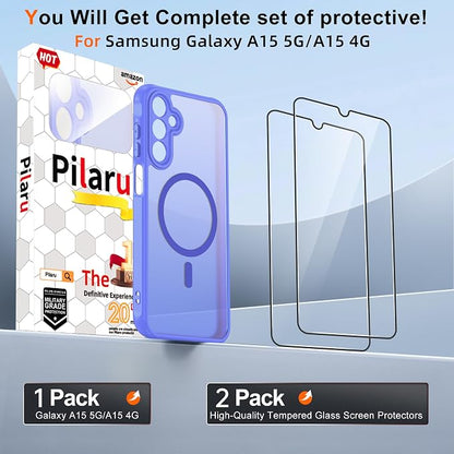 Compatible for Samsung Galaxy A15 5G Phone Case: A15 Case with 2PC Tempered Glass Screen Protector, Wireless Charging Matte Translucent Soft-Touch & Full Body Shockproof para Case Galaxy A15,Sky Blue