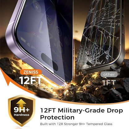 NeverBreak 9H+ Hardness for iPhone 17 Privacy Screen Protector 12FT Military Grade Protection (Scratch, Shatter, Drop Resistance) Tempered Glass Full Coverage 6.3", 2 Pack with De-Bubble Card