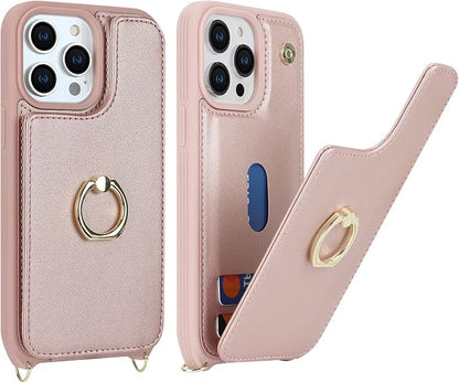 Lipvina for iPhone 13 Pro Case with Card Holder and Strap for Women,Crossbody Lanyard,RFID Blocking,Kickstand Ring Stand,Snap Clasp,Phone Wallet Cases 6.1 inch(Rose Gold)