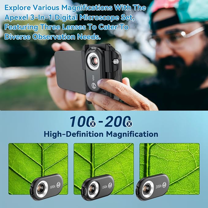 MIAO LAB 100X/150X/200X Nano Zoom Phone Microscope Lens for iPhone/Android | 3-in-1 Phone Microscope Lens Kit with LED UV Light/CPL/Universal Clip, Mini Pocket Digital Microscope