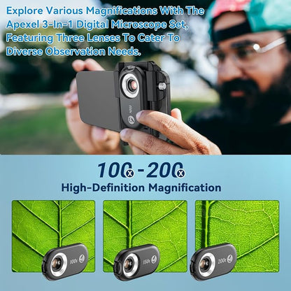 MIAO LAB 100X/150X/200X Nano Zoom Phone Microscope Lens for iPhone/Android | 3-in-1 Phone Microscope Lens Kit with LED UV Light/CPL/Universal Clip, Mini Pocket Digital Microscope