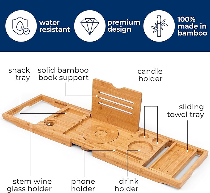 SereneLife Premium Foldable Bathtub Tray with Gift Box and Bow Set, Expandable Bath Tray, Unique House Warming Gifts, for Mom, Women, New Home, Wedding, Anniversary, Bridal Shower, Fit for All Tub